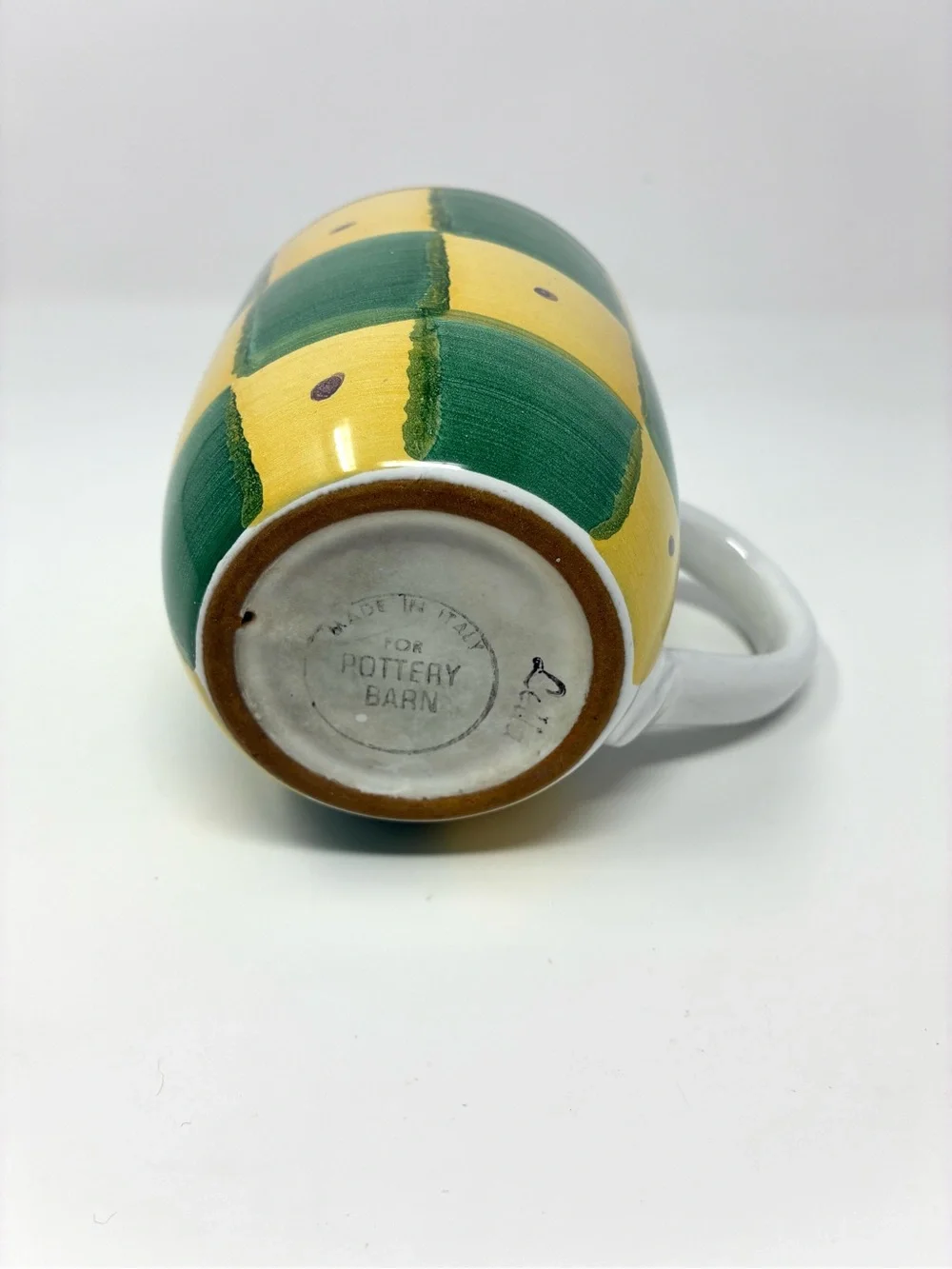 Pottery Barn China “Sunnyside” Mug 4 1/8 Green-Yellow Checker Italy Earthenware